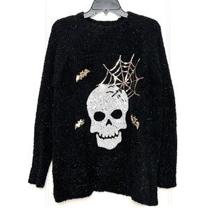 NWT Halloween Sequin Skull Spiderweb Bat Sparkle Chenille Oversized Sweater M